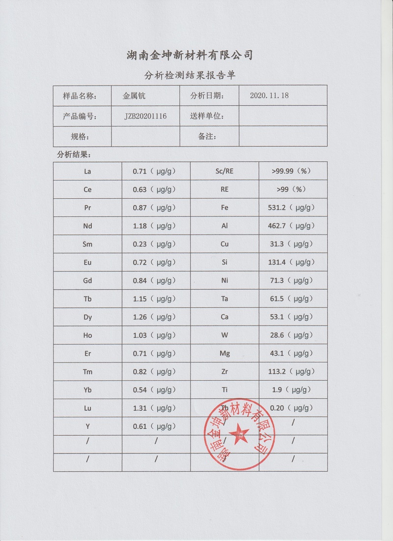 湖南金坤新材料有限公司,金屬鈧,金屬鈧粉,鋁鈧合金,金屬鈧靶,鋁鈧靶材,鋁基靶材,氧化鈧,各類鈧鹽,氟化鈧,貴金屬粉末低氧超細鈦粉,鋯粉,鉿粉,鈮粉,鉭粉